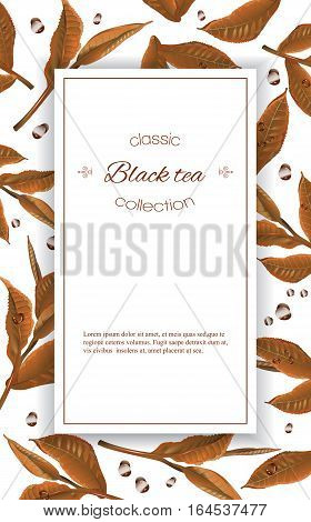 Vector black tea vertical banner with tea leaves and drops on white. Design for packaging, tea shop, drink menu. With place for text