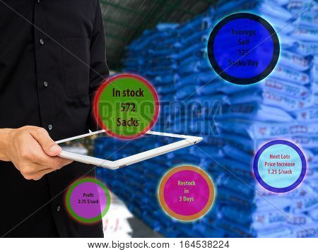 internet of things marketing concept,owner shop use augmented reality to manage the product in stock, and check average sell,profit,estimate price,when to restock