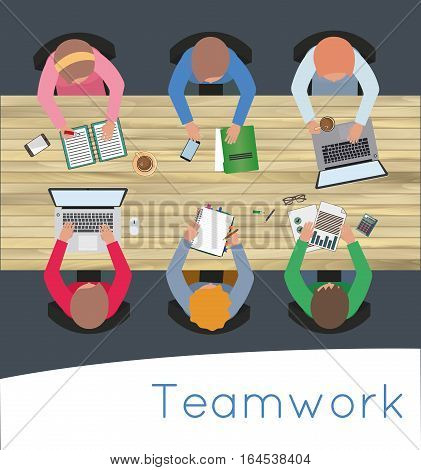 Business meeting and brainstorming. Top view teamwork. Flat design.