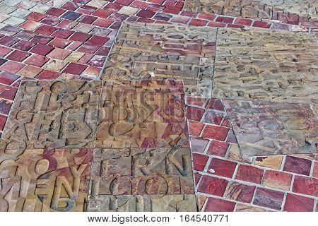 Melbourne Australia - February 2015: Kimberley Sandstone and Quartzite used on Federation Square outside floor designed by Lab Architecture Studio. The square is a public space created in 2002 in the heart of Melbourne.