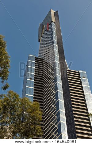 Melbourne Australia - February 2015: Eureka Tower close up view. Eureka Tower is a 297.3 meter skyscraper located in Southbank and designed by Fender Katsalidis Architects (FKA) . One of the tallest residential building in the world.