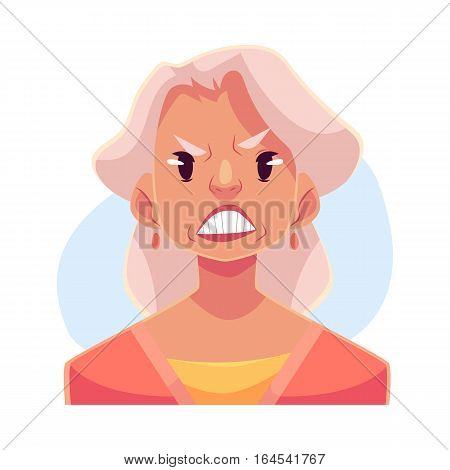 Grey haired old lady, angry facial expression, cartoon vector illustrations isolated on blue background. Old woman frowns, feeling distresses, frustrated, sullen, upset. Angry face expression