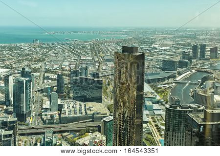 Melbourne Australia - February 2015: View from Eureka Tower observation deck (Eureka Skydeck 88) the highest public vantage point in a building in the Southern Hemisphere. Eureka Tower is designed by Fender Katsalidis Architects (FKA)