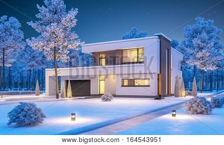 3D Rendering Of Modern Winter House At Night