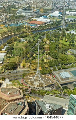 Melbourne Australia - February 2015: View from Eureka Tower observation deck (Eureka Skydeck 88) the highest public vantage point in a building in the Southern Hemisphere. Eureka Tower is designed by Fender Katsalidis Architects (FKA)