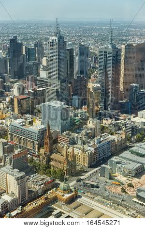 Melbourne Australia - February 2015: View from Eureka Tower observation deck (Eureka Skydeck 88) the highest public vantage point in a building in the Southern Hemisphere. Eureka Tower is designed by Fender Katsalidis Architects (FKA)