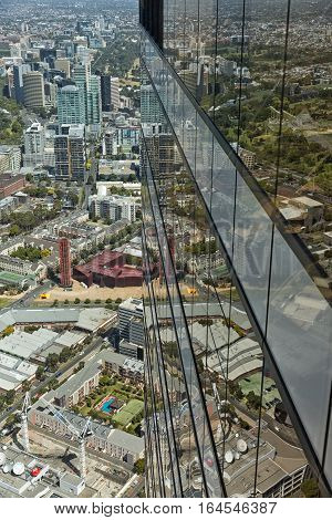 Melbourne Australia - February 2015: View from Eureka Tower observation deck (Eureka Skydeck 88) the highest public vantage point in a building in the Southern Hemisphere. Eureka Tower is designed by Fender Katsalidis Architects (FKA)