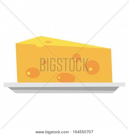 A piece of delicious cheese on the plate. Vector illustration of food isolated on white background.