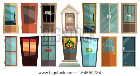 Set of colorful front doors for homes and buildings on a white background. Vector illustration.