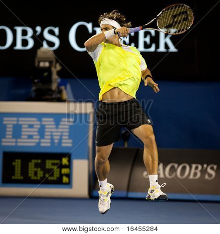 MELBOURNE - 28 januari: David Ferrer van Spanje in zijn halve finale verlies aan Andy Murray van Groot-Brittannië