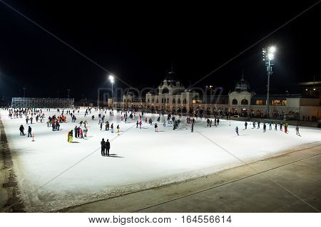 BUDAPEST HUNGARY - JANUARY 08 2017: City Park ice rink in Budapest Hungary. Europe largest outdoor ice rink
