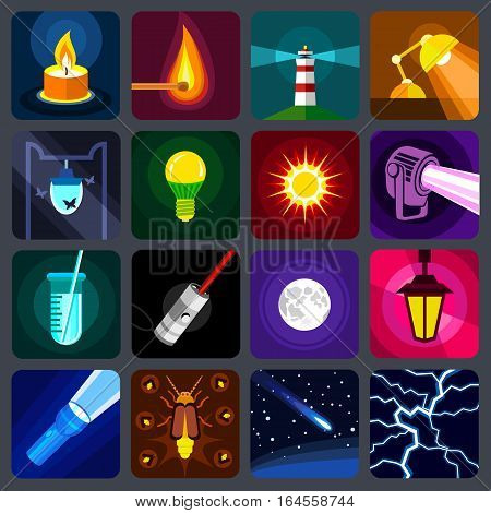 light source icons set. Flat illustration of 16 light source items vector icons for web