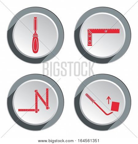 Measuring instrument, zigzag folding rule, chisel, angle, pinchbar icon. Repair, fix, control, measure, building tool symbol. Round circle red and gray button with shadow. Flat design. Vector
