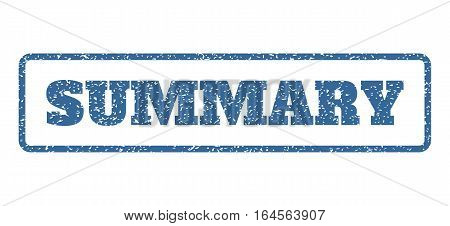 Cobalt Blue rubber seal stamp with Summary text. Vector caption inside rounded rectangular shape. Grunge design and dirty texture for watermark labels. Horisontal sign on a white background.