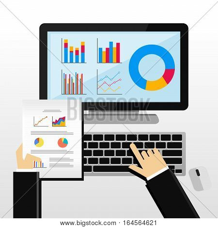 Businessman working with desktop. Business analysis and evaluation concept illustration. Flat design illustration concepts for business growth management analysis business statistics.