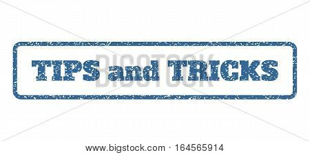 Cobalt Blue rubber seal stamp with Tips and Tricks text. Vector tag inside rounded rectangular shape. Grunge design and dirty texture for watermark labels. Horisontal sign on a white background.