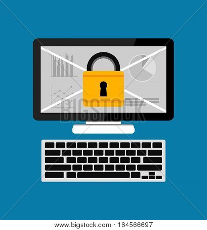 Computer with padlock. Personal computer security. Flat design.