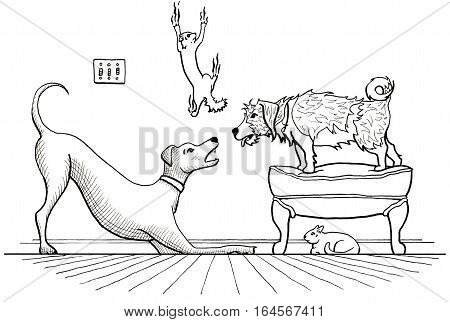 Animal House: Illustration of two dogs playing loudly while one cat hides, and another cat scatters and slides down the wall.
