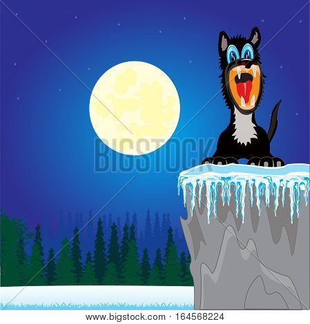 Beautiful winter landscape and animal wolf on breakaway