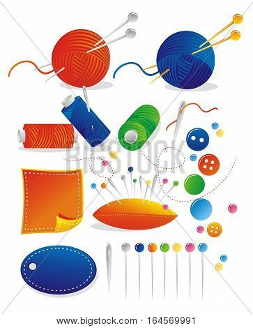 Illustration - sewing kit - thread, needles, knitting needles