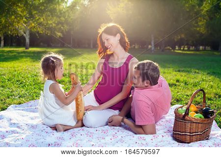 Happy Young Family Having Picnic At Meadow