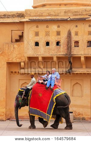 Amber, India - March 1: Unidentified People Ride Decorated Elephants In Jaleb Chowk (main Courtyard)