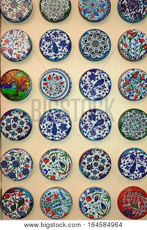 CHANIA, CRETE - SEPTEMBER 16, 2016 - Painted ceramic fridge magnets for sale Chania Crete Greece Europe, September 16, 2016.