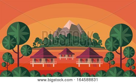 Bungalows on the ocean surrounded by tropical plants. South sea landscape. Vector background. Flat design.