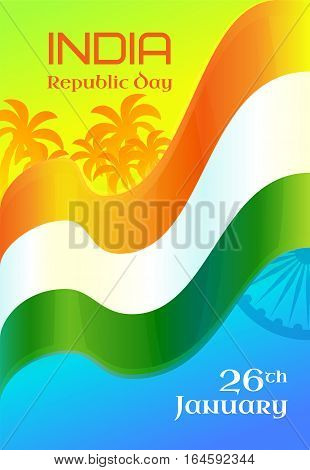 Republic Day in India, 26 January. Vector design element with text, background with Indian national flag, ashoka wheel and palm trees