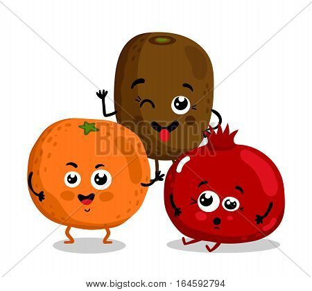 Cute fruit cartoon characters isolated on white background vector illustration. Funny orange, kiwi, pomegranate emoticon face icon collection. Happy smile positive and friendly comical fruit mascot