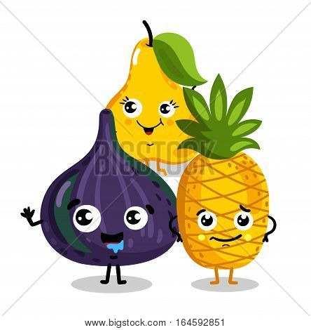 Cute fruit cartoon characters isolated on white background vector illustration. Funny pineapple, pear, figs emoticon face icon collection. Happy smile cartoon face food emoji, comical fruit mascot set