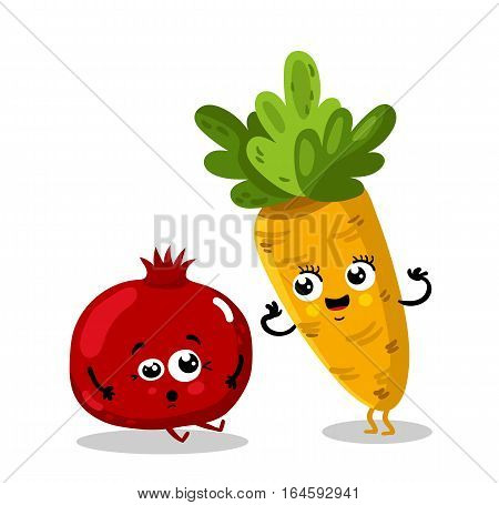 Cute fruit and vegetable cartoon characters isolated on white background vector illustration. Funny pomegranate and carrot emoticon face icon collection. Happy smile comical face food emoji mascot