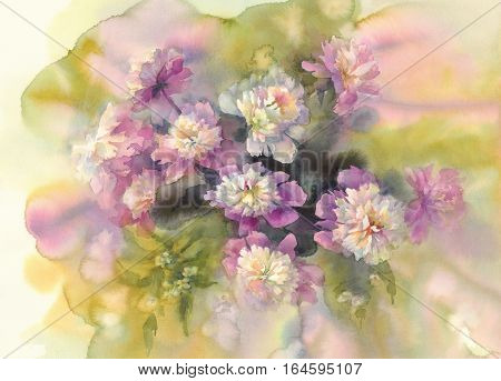 Bouquet of white and pink peonies watercolor illiustration. Wedding card. Summer bloom.