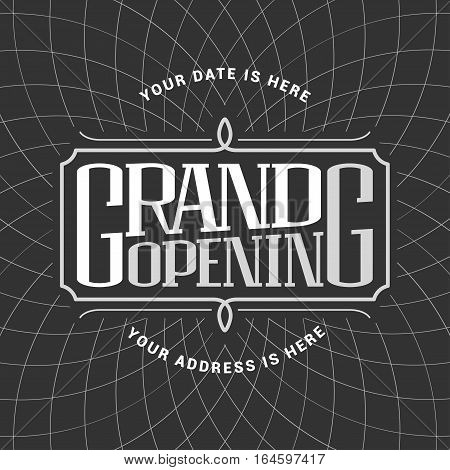 Grand opening vector banner illustration. Nonstandard graphic design element with lettering for opening ceremony