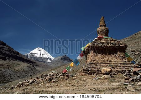 South Face of Mount Kailash in Western Tibet and ritual Buddhist structure - Stupa.