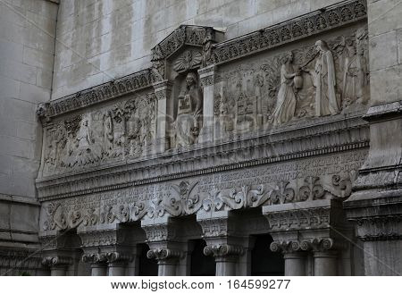 the Virgin Mary. Detail architecture Basilica of Notre-Dame de Fourviere is located on the hill of Fourviere. Lyon. France.