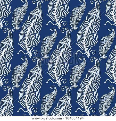 Seamless pattern with white feathers and stars on a blue background