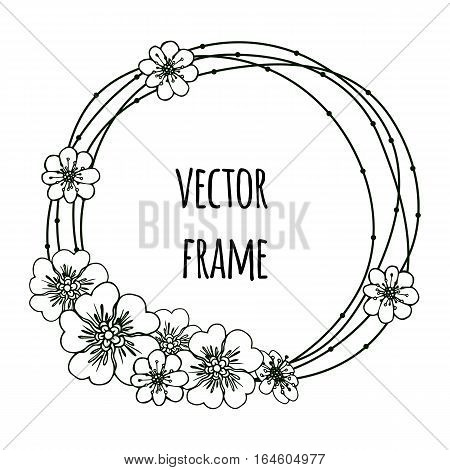 Hand drawn round frames. Herbal frames-wreaths. Floral wreath with copy space for text. Wedding or invitation card design element.
