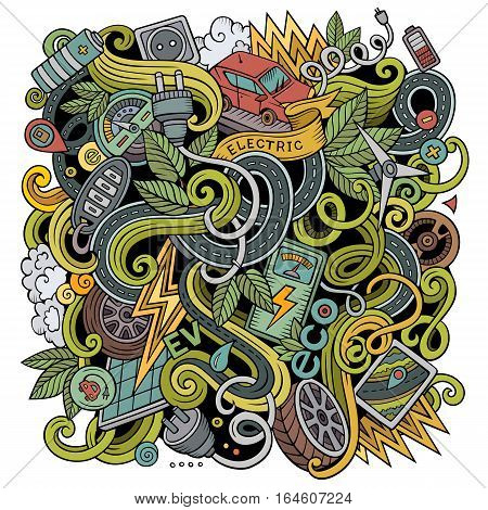 Cartoon cute doodles hand drawn Electric cars illustration. Colorful detailed, with lots of objects background. Funny vector artwork. Bright colors picture with eco vehicles theme items