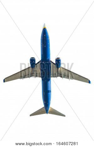 blue passenger plane on white background. below view.