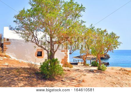 Church Agios Georgios Sarantaris on the shore of the Cretan Sea on Crete island Greece.