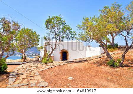 Church Agios Georgios Sarantaris on the shore of the Cretan Sea on Crete island Greece.