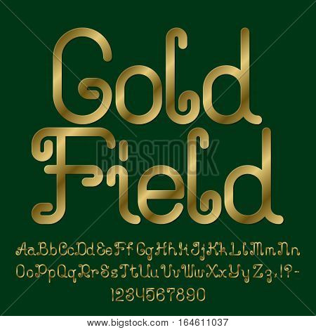 Beautiful golden curly font. Isolated english alphabet of capital and lowercase letters with numbers and punctuation marks. Gold Field text lettering.