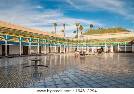 Marrakesh Morocco - December 8 2016: Inside the beautiful Bahia palace with the fountain in Marrakesh Morocco Africa.