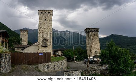 Ushguli, Georgia - August 2, 2015: Rock towers of Ushguli, Upper Svaneti, Georgia, Europe