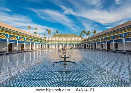Marrakesh Morocco - December 8 2016: Inside the beautiful Bahia palace with the fountain in Marrakesh Morocco Africa.
