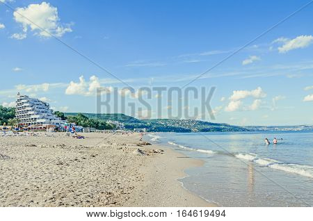 Albena, Bulgaria - June 13, 2016. The Black Sea Shore With Hotels, Beach With Blue Clear Water And S