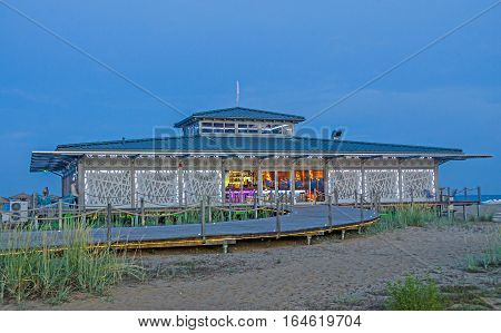Albena, Bulgaria - June 13, 2016. Beach Bar Near Sea Water, Lights, Night Time, Party Time.
