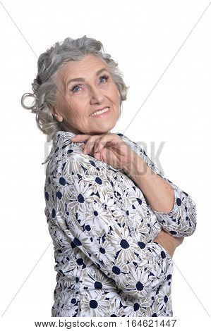 portrait of beautiful mature woman, posing against white background