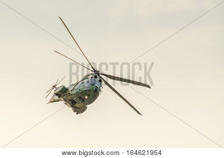 Bucharest, Romania - July 30, 2016. Iar Puma Elicopter Flying In The Sky, Stunt Aerobatic
